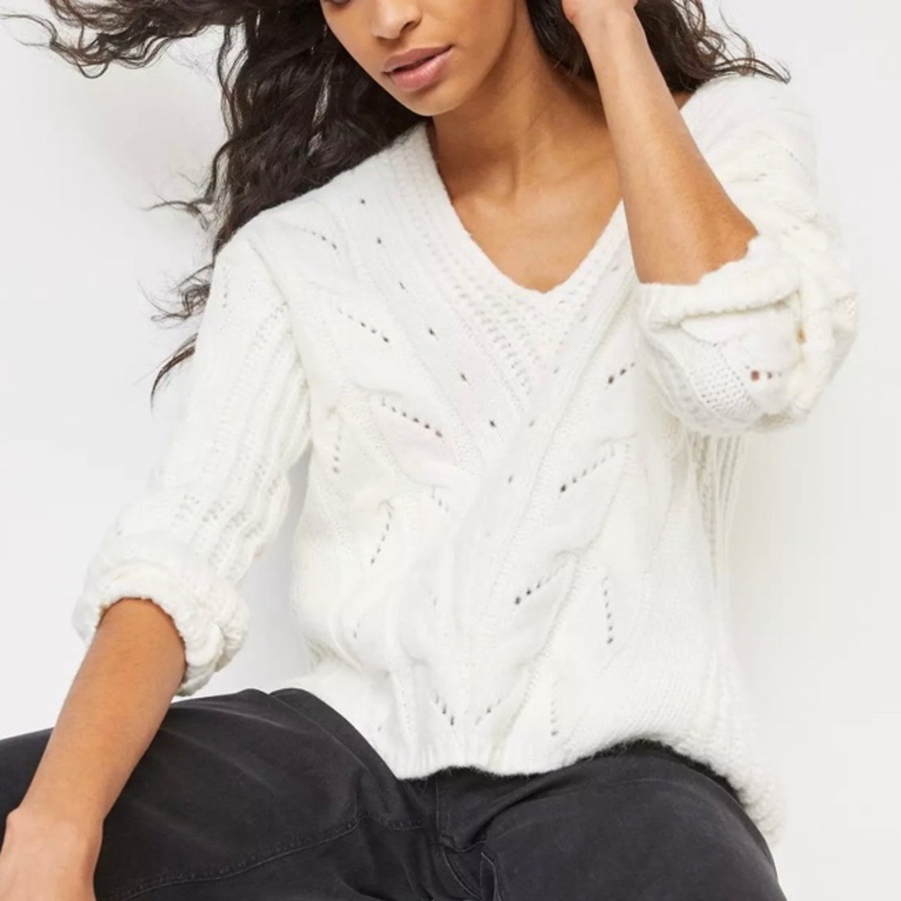 Anthropologie Ramona Alpaca Blend Cable-Knit Sweater V-Neck Cozy Nautical Size M